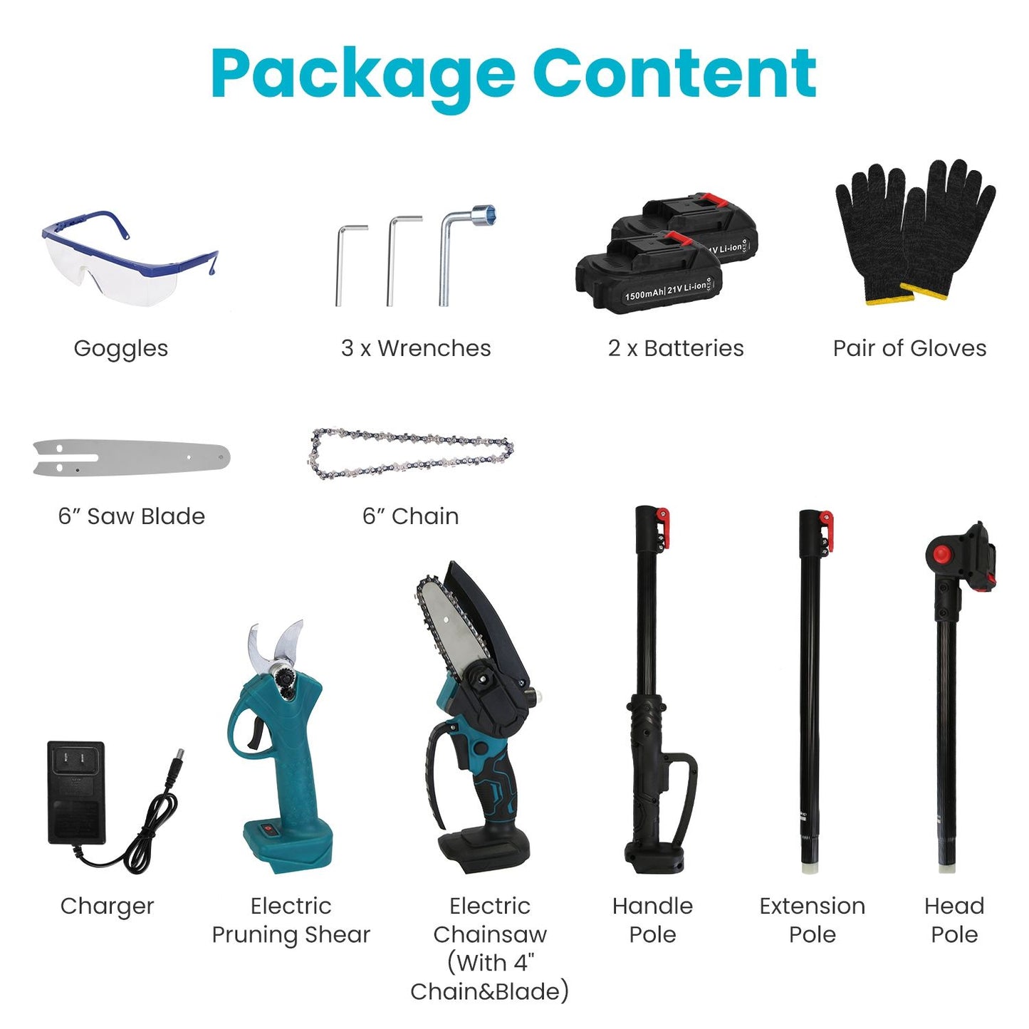 Product image displaying a complete gardening tool kit including goggles, wrenches, batteries, gloves, a 6-inch saw blade, a 6-inch chain, a charger, an electric pruning shear, an electric chainsaw with a 4-inch chain and blade, a handle pole, an extension pole, and a head