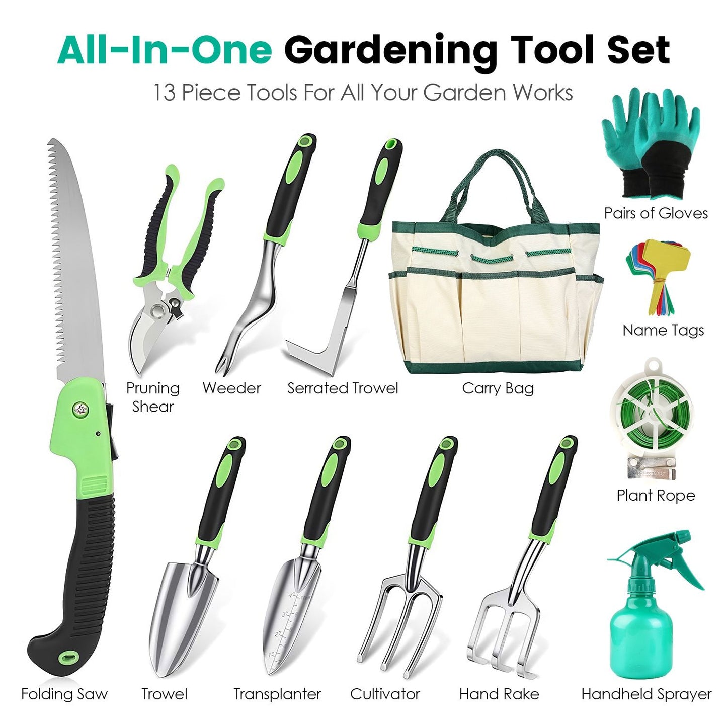 All-in-one gardening tool set featuring 13 essential tools including pruning shears, weeder, trowel, and a convenient carry bag, ideal for efficient gardening and landscape maintenance.