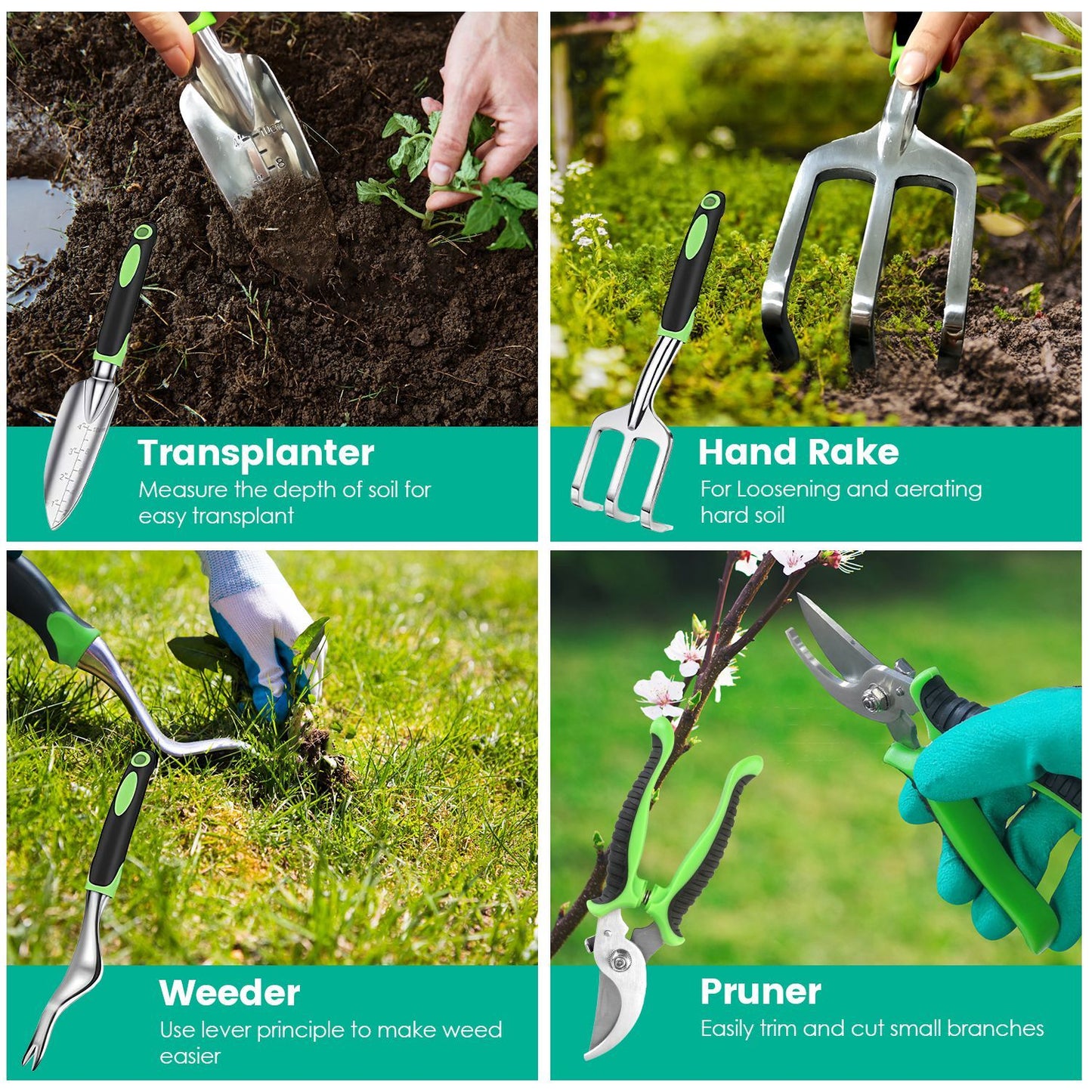 Four gardening tools displayed in a square layout, featuring a transplanting trowel for measuring soil depth, a hand rake for aerating soil, a weeder for easy weed removal, and a pruner for trimming small branches, all with ergonomic grips and vibrant green and black designs.