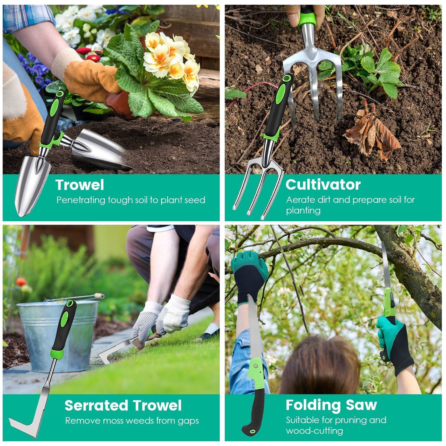 Gardening tools collage featuring a trowel, cultivator, serrated trowel, and folding saw, showcasing their functions for planting, aerating soil, removing weeds, and pruning branches in a vibrant garden setting.