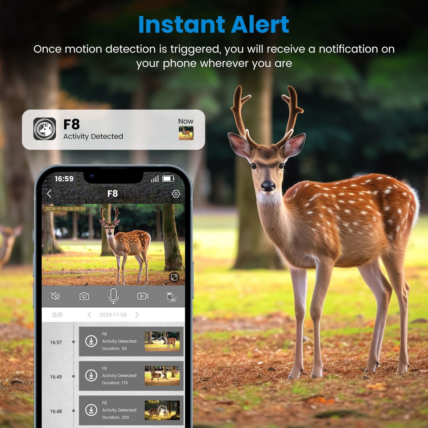 Smartphone displaying a motion detection alert with a deer in the background, showcasing real-time notifications for wildlife activity monitoring.