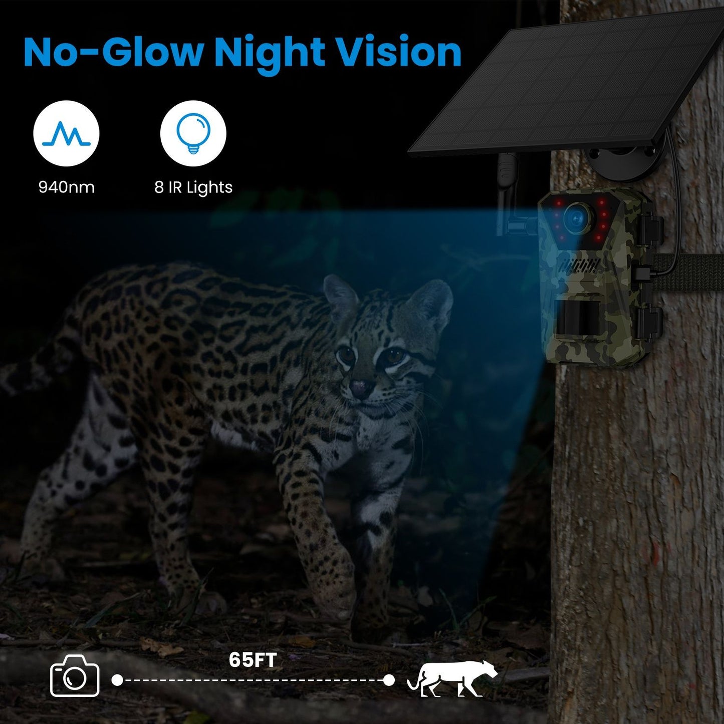 High-quality trail camera with no-glow night vision technology, featuring 940nm infrared lights and solar panel, capturing wildlife like a leopard at 65 feet.