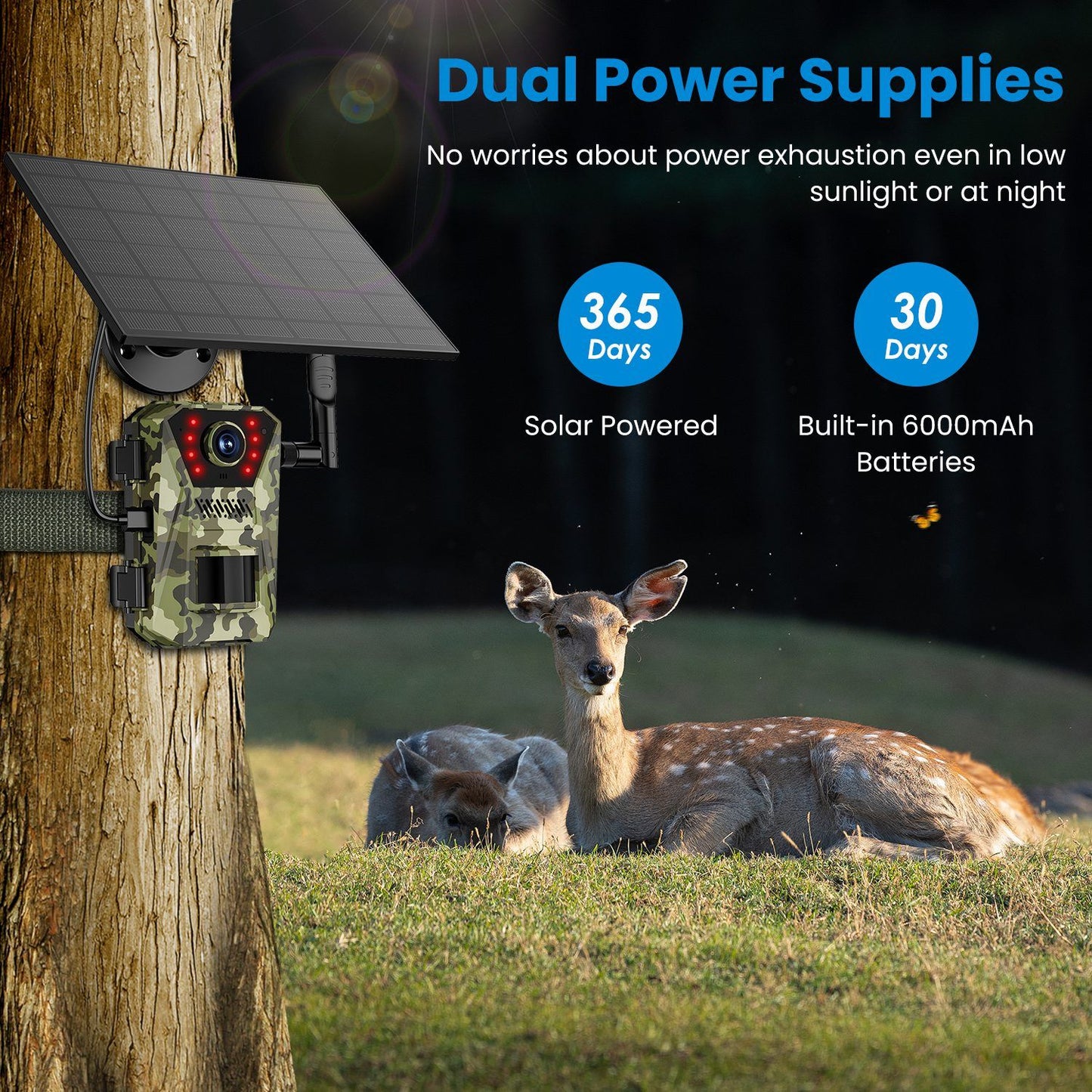 Solar-powered wildlife camera with dual power supplies, featuring a camouflaged design mounted on a tree, capturing deer in a sunny meadow.