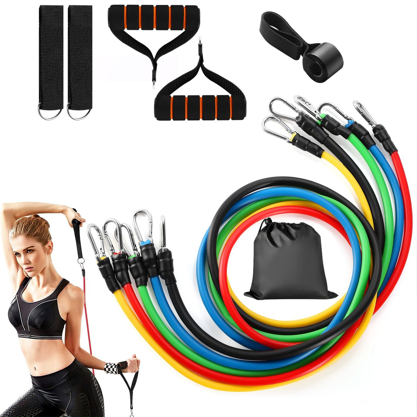 Resistance bands kit featuring multiple colored bands, handles, and accessories on a white background, showcasing a woman exercising with the bands for strength training.