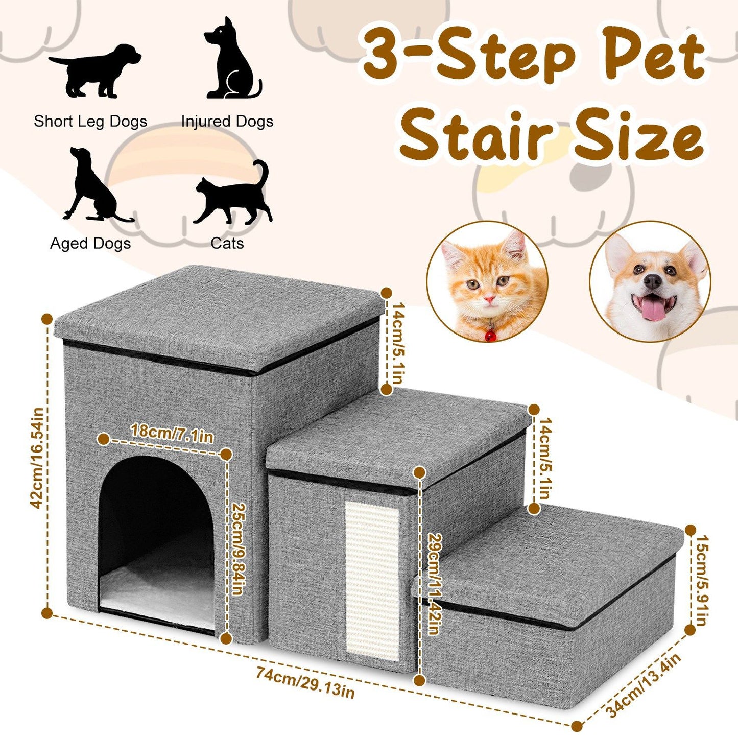 3-step pet stair designed for small or injured dogs and cats, featuring a cozy hideaway, soft fabric, and dimensions labeled for easy understanding.