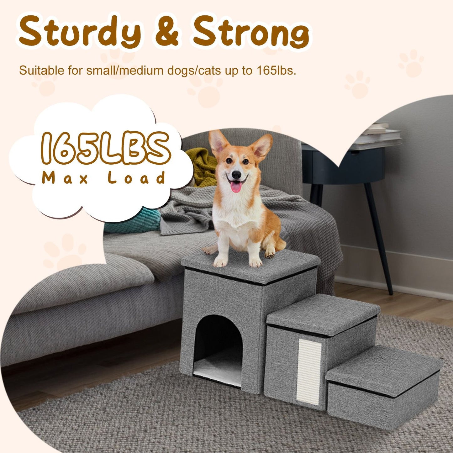Sturdy pet stairs and hideaway for small to medium dogs and cats, supporting pets up to 165lbs, ideal for comfortable lounging and easy access to higher surfaces.