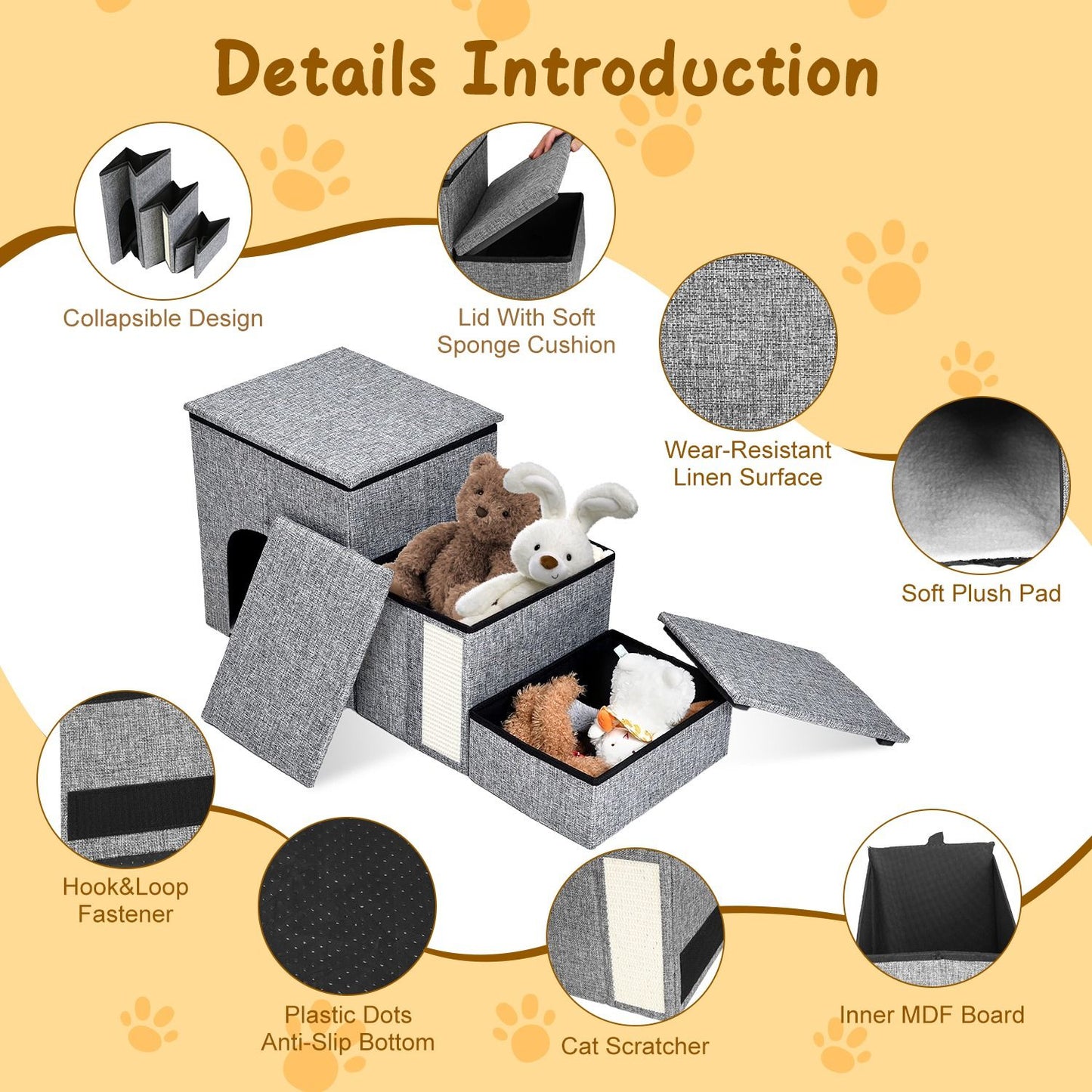 Multi-functional collapsible fabric storage bins with plush cushion lids, wear-resistant linen surface, and built-in cat scratcher, ideal for organizing toys and keeping your space tidy.