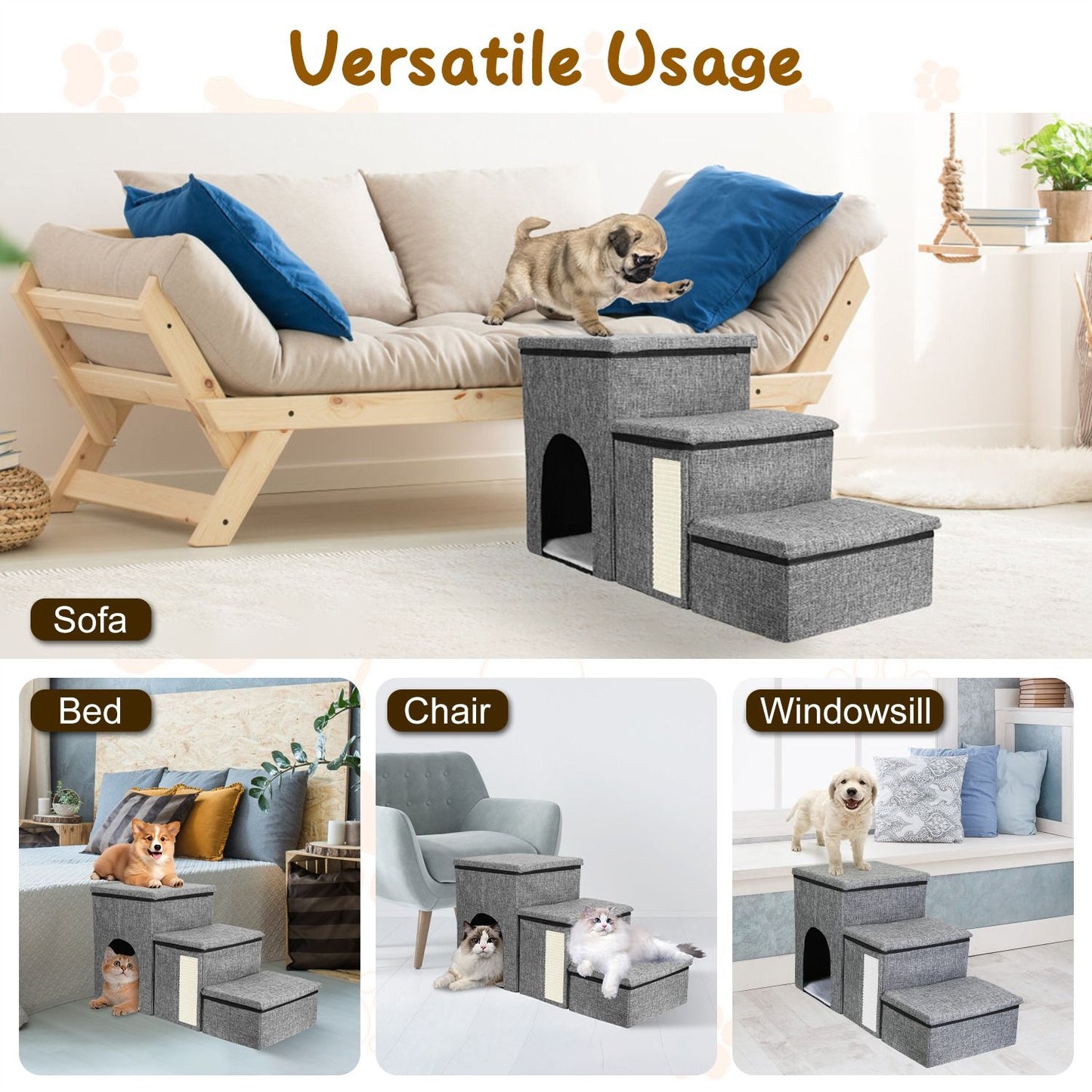 Pet stairs for small dogs and cats in a stylish gray fabric, shown in various home settings including a sofa, bed, chair, and windowsill, featuring a cozy hideout and scratching surface.