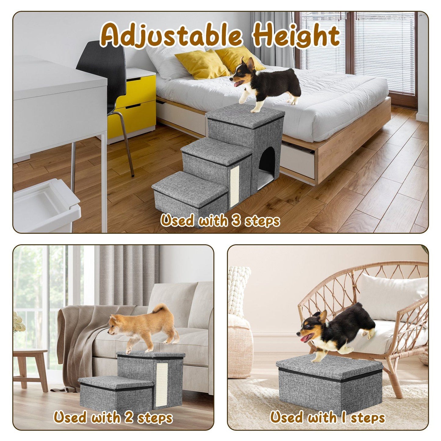 Durable adjustable pet stairs in gray, featuring three levels for easy access, with images of dogs using the stairs at different heights in stylish home settings.