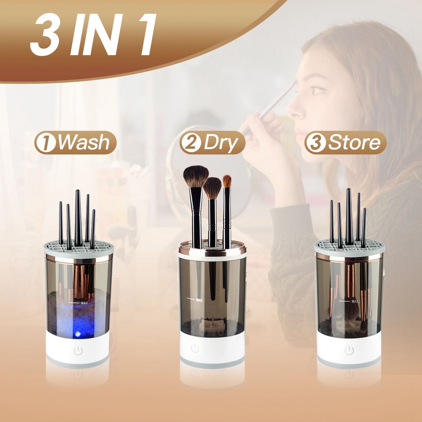 3-in-1 brush cleaner featuring washing, drying, and storage functions with makeup brushes displayed in a sleek, modern design.