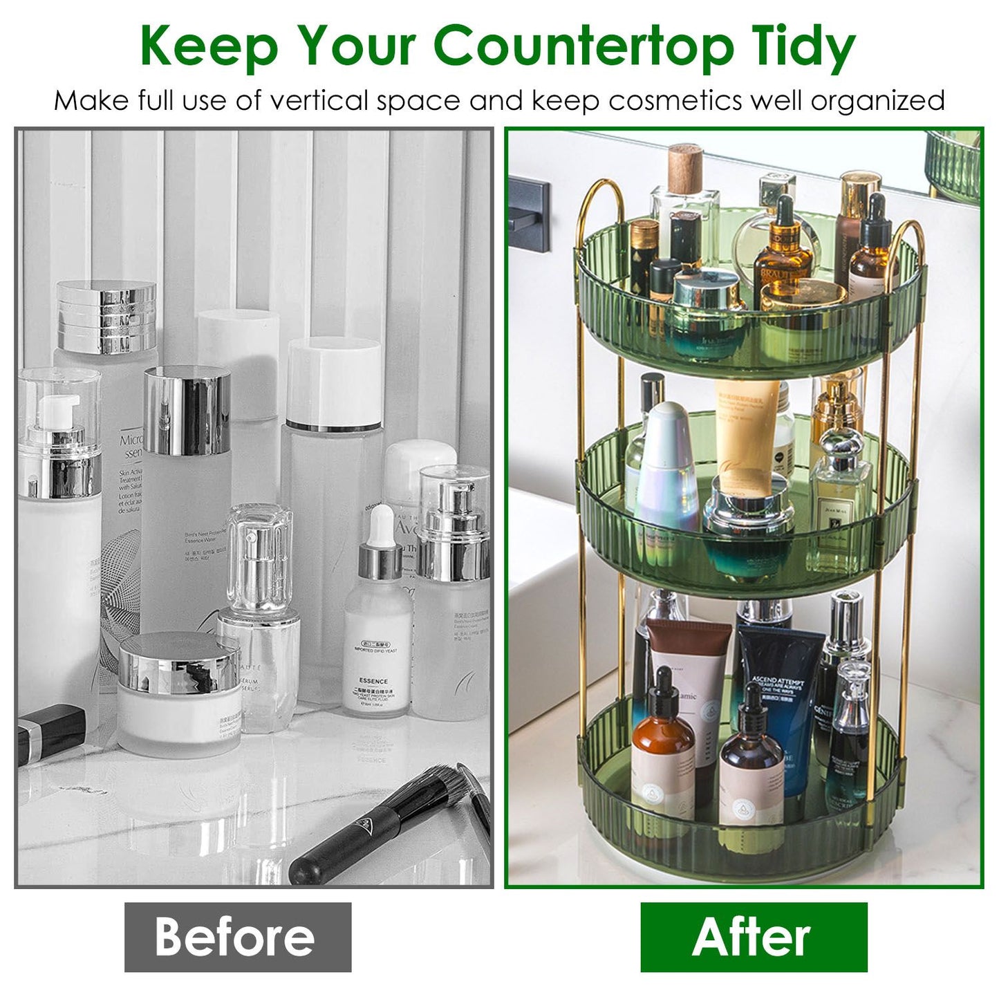 Before and after image showcasing a stylish, tiered cosmetic organizer transforming a cluttered countertop into a tidy space, featuring various beauty products neatly arranged.