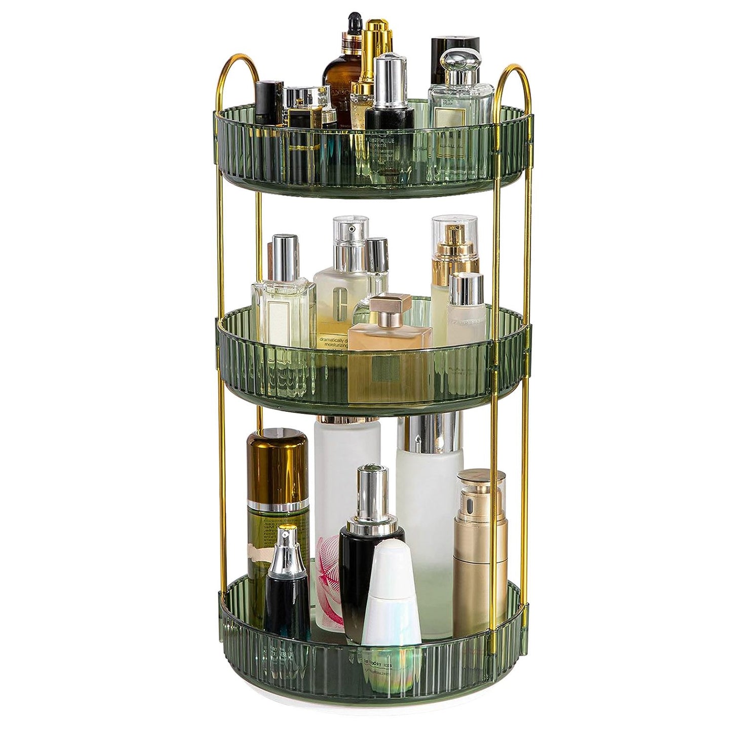 Elegant three-tiered perfume organizer with gold accents displaying various perfume bottles on green glass shelves.