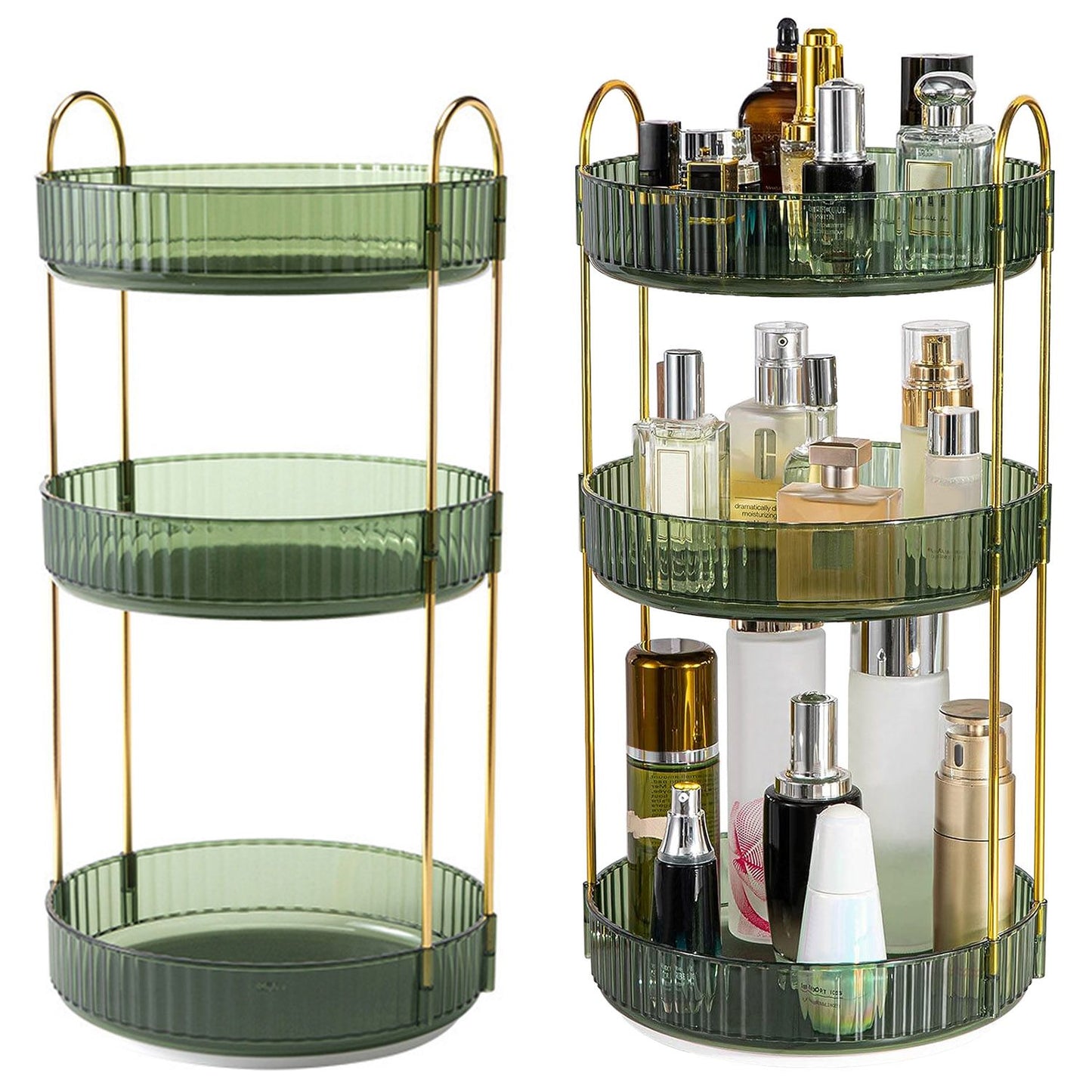 Stylish green glass tiered organizer with gold metal accents, displaying various perfume bottles and beauty products, perfect for home decor and cosmetics storage.