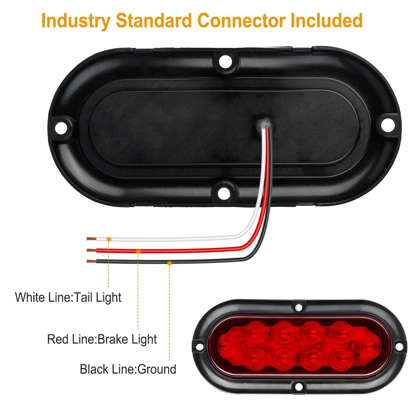 LED trailer tail light with wiring color-coded for easy installation, featuring an industry standard connector, showcasing red, white, and black wires for brake, tail, and ground connections.