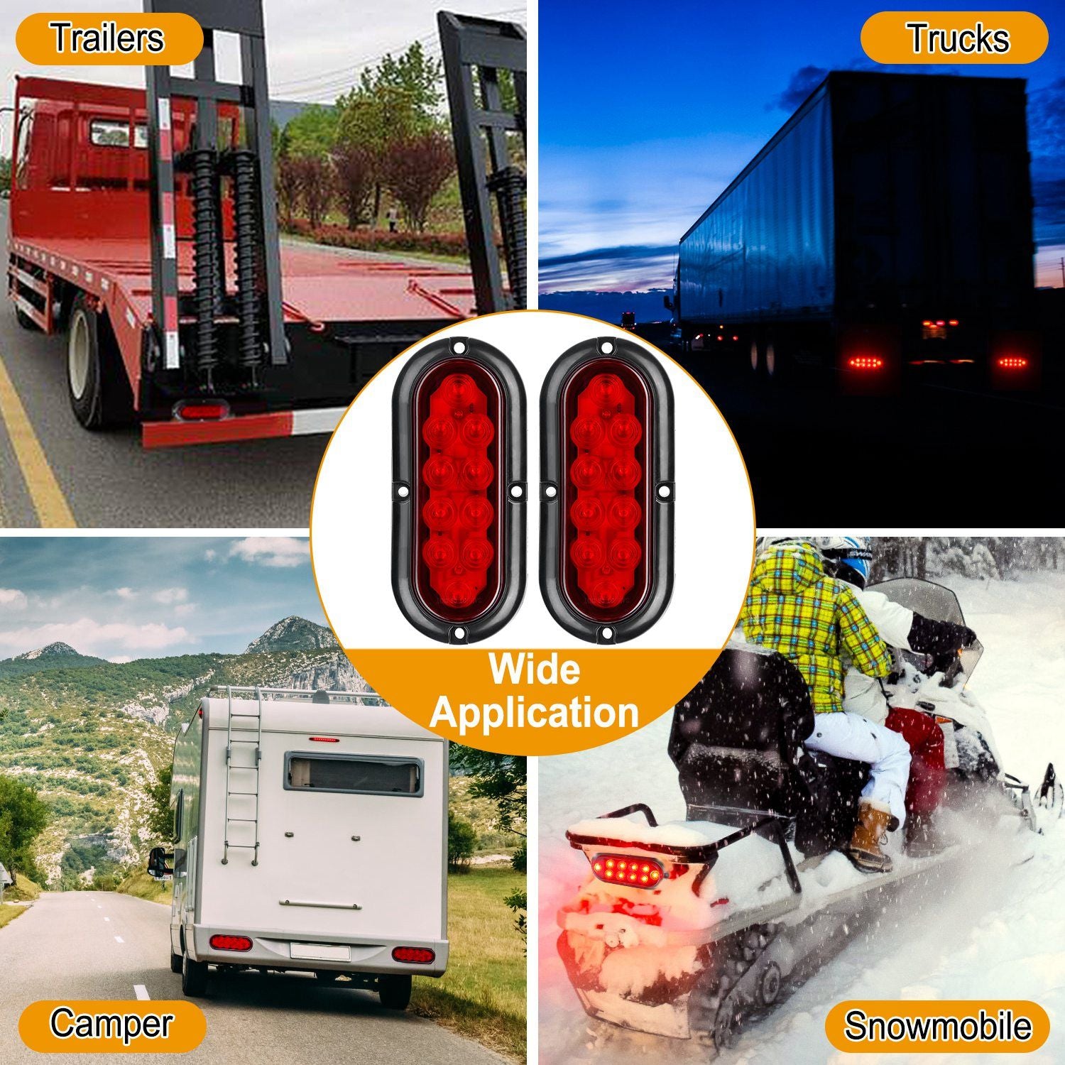 Red LED trailer lights for trucks, campers, and snowmobiles, showcasing versatile applications in various outdoor settings.