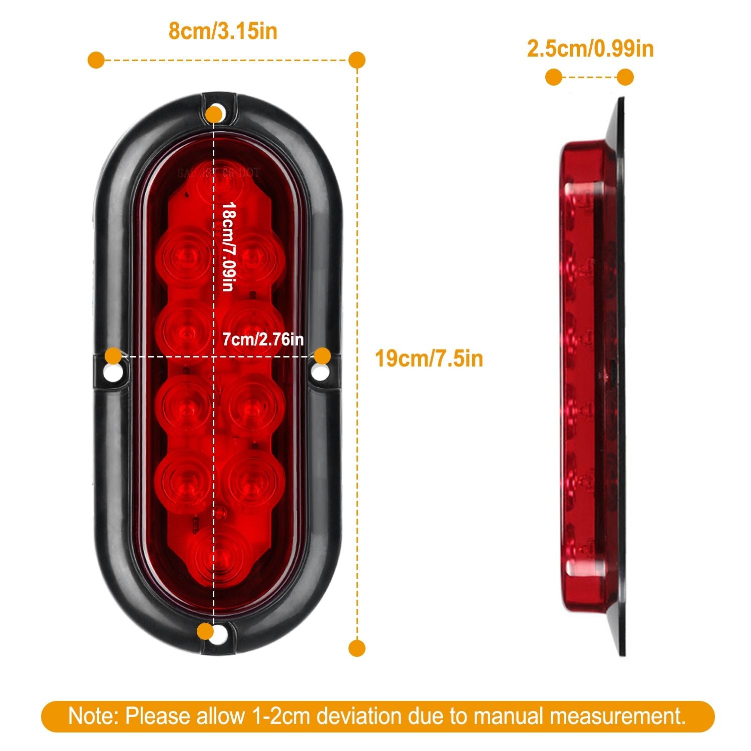 Red LED trailer marker light with black housing, dimensions 19 cm x 8 cm, featuring multiple light bulbs for enhanced visibility and safety.