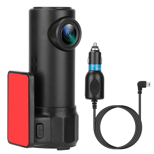 Compact car camera with wide-angle lens and red locking mount, accompanied by a black car charger cable for easy connectivity.
