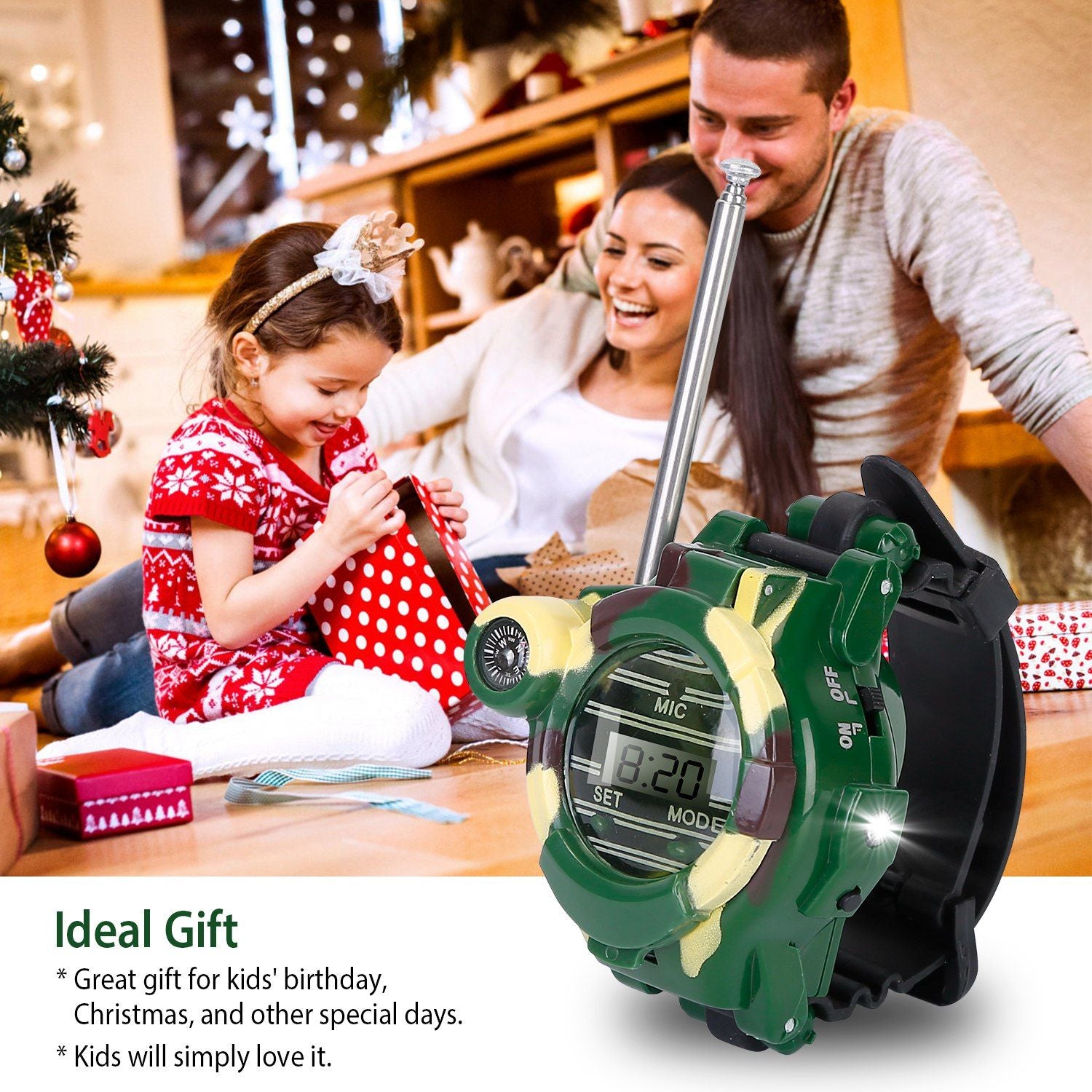 Digital kids' watch with green camouflage design, featuring a microphone and LED light, displayed in a festive setting with children unwrapping gifts by a Christmas tree. Ideal for birthdays and holidays.