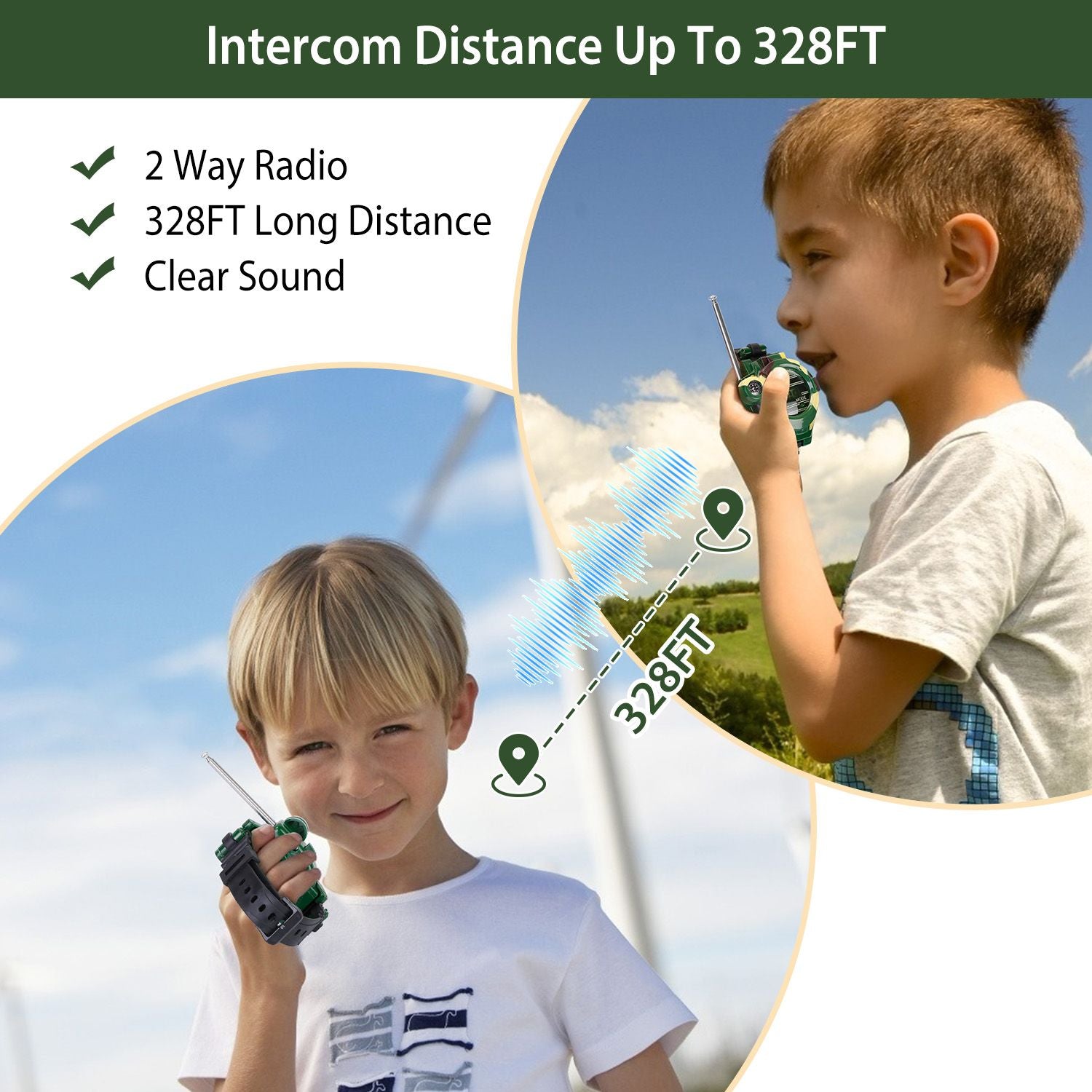 Children using a two-way radio for communication outdoors, showcasing an intercom distance of up to 328 feet with clear sound quality.