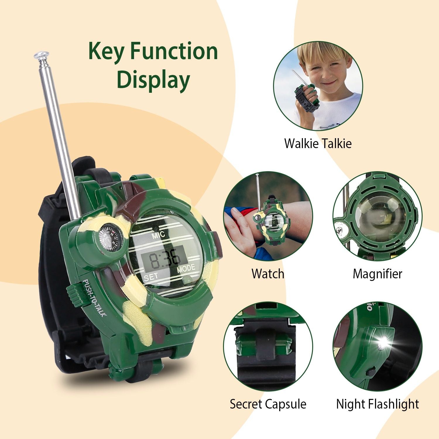 Multi-functional green watch featuring a walkie talkie, magnifier, secret capsule, and flashlight, designed for outdoor adventures and kids' play.