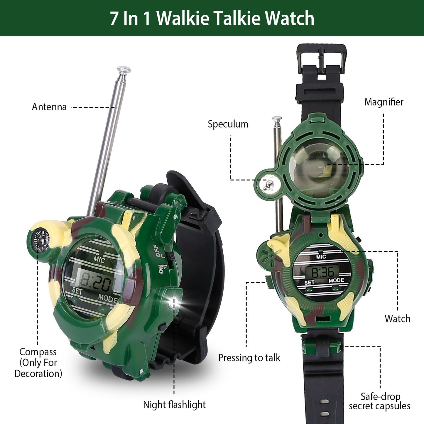 7 in 1 walkie talkie watch featuring a digital display, antenna, built-in flashlight, compass, magnifier, and speculum, designed in a rugged green and yellow style for outdoor adventures.