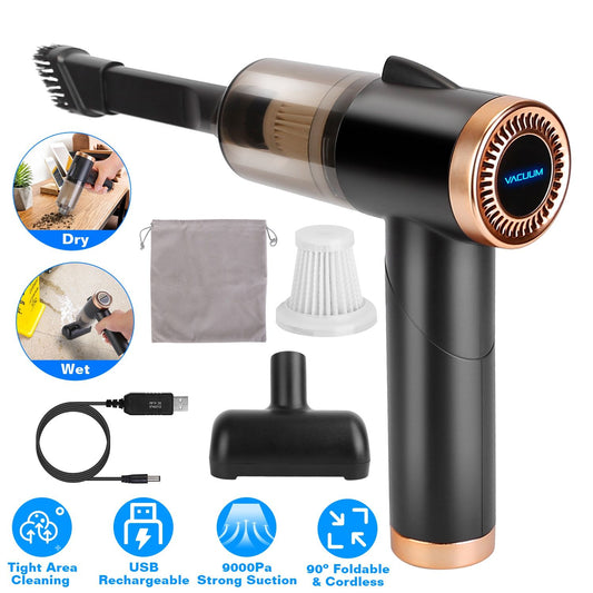 Compact cordless vacuum cleaner with strong 9000Pa suction, USB rechargeable, designed for both wet and dry cleaning in tight spaces, featuring a foldable design and various attachments for versatile use.