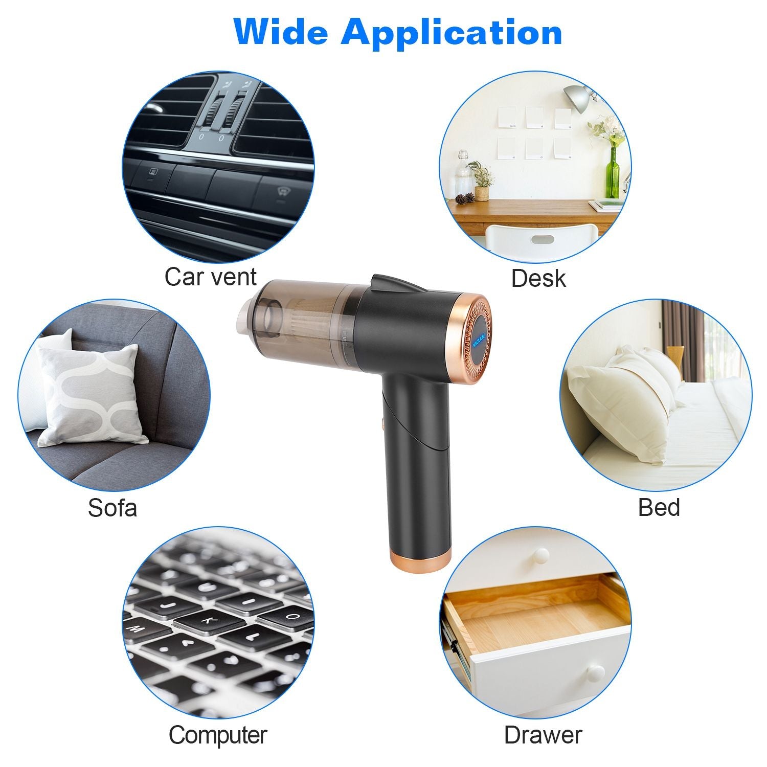 Compact handheld vacuum cleaner displayed with icons indicating its versatile applications for cleaning car vents, sofas, desks, beds, computer keyboards, and drawers.