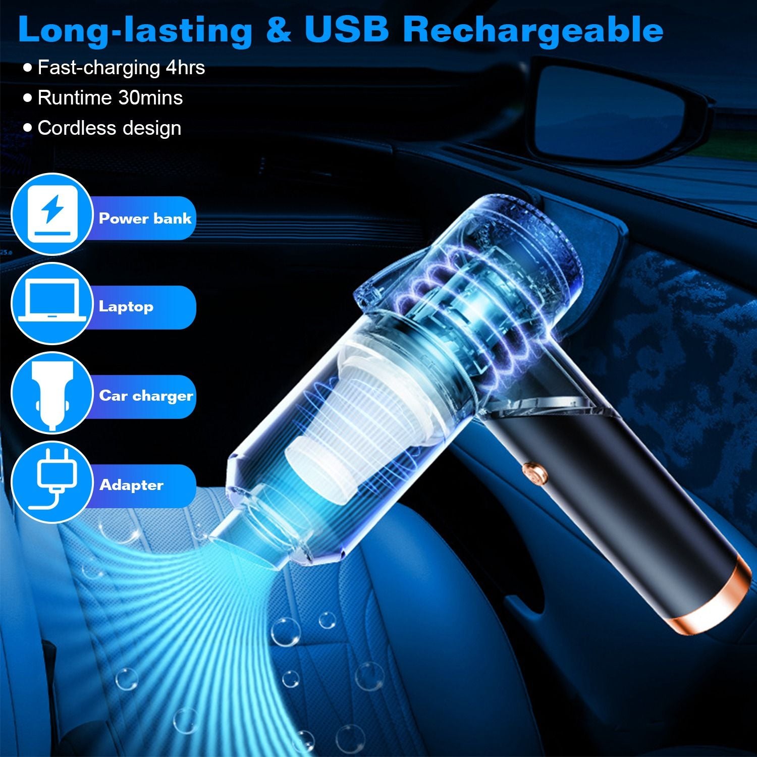 USB rechargeable handheld vacuum cleaner with fast charging in 4 hours, 30 minutes runtime, and a cordless design, ideal for cleaning car interiors.
