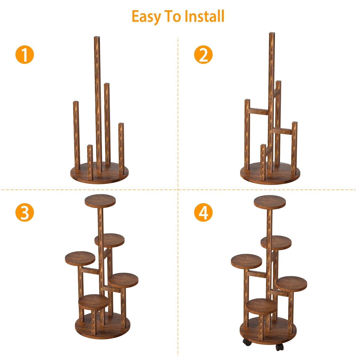 Step-by-step assembly guide for a modern wooden plant stand, showcasing four installation stages from base to final design, with rich brown finish and multiple circular shelves.