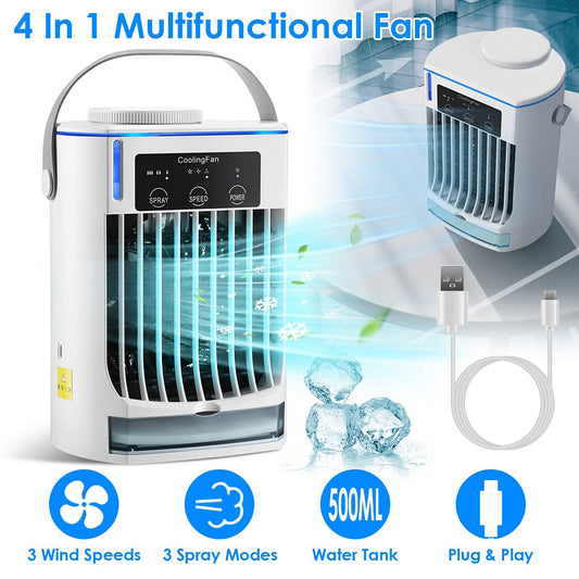 Multifunctional 4-in-1 cooling fan with USB power, featuring 3 wind speeds, 3 spray modes, and a 500ml water tank for enhanced cooling.