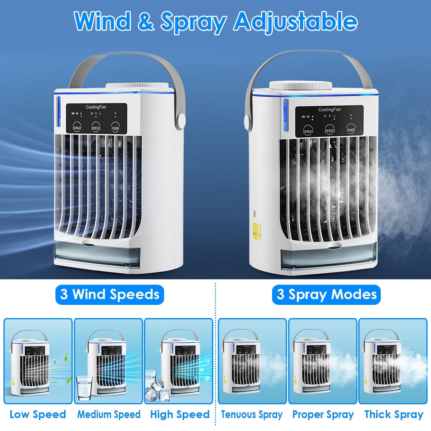 Portable adjustable cooling fan with three wind speeds and three spray modes, designed for personal comfort and efficient cooling.