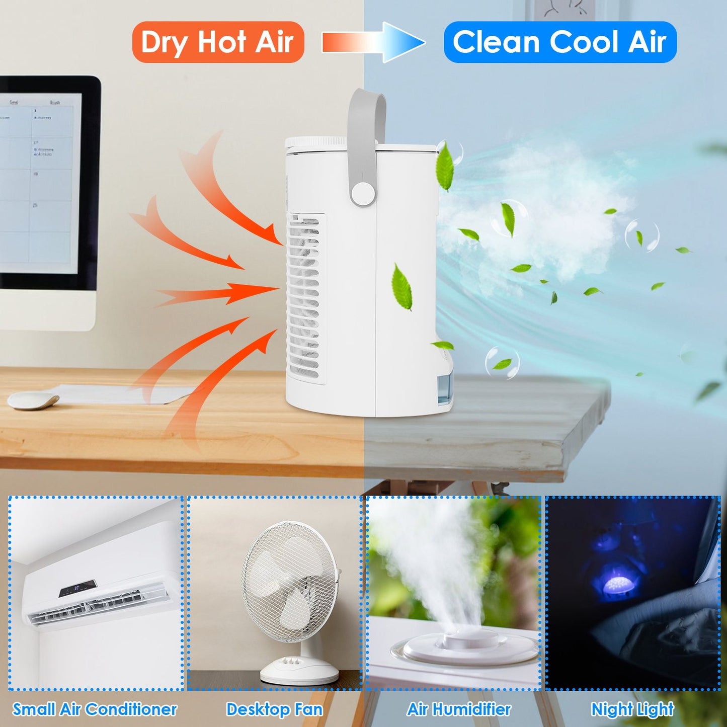 Compact air conditioner and humidifier on a desk, transforming dry hot air into clean cool air with visible airflow and leaves, highlighting its multifunctional design and dual purpose as a cooling and humidifying solution.