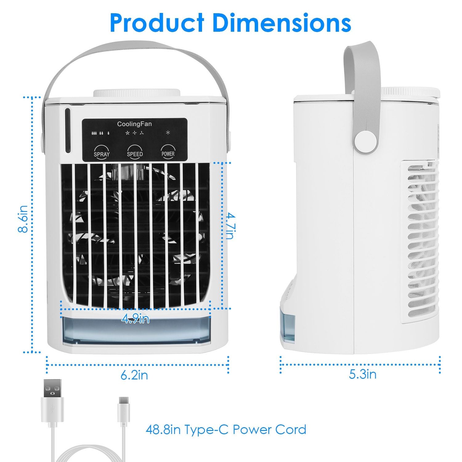 Portable cooling fan with product dimensions 8.6 inches height, 6.2 inches width, and 4.9 inches depth, featuring USB Type-C power cord of 48.8 inches, designed for home or office use.