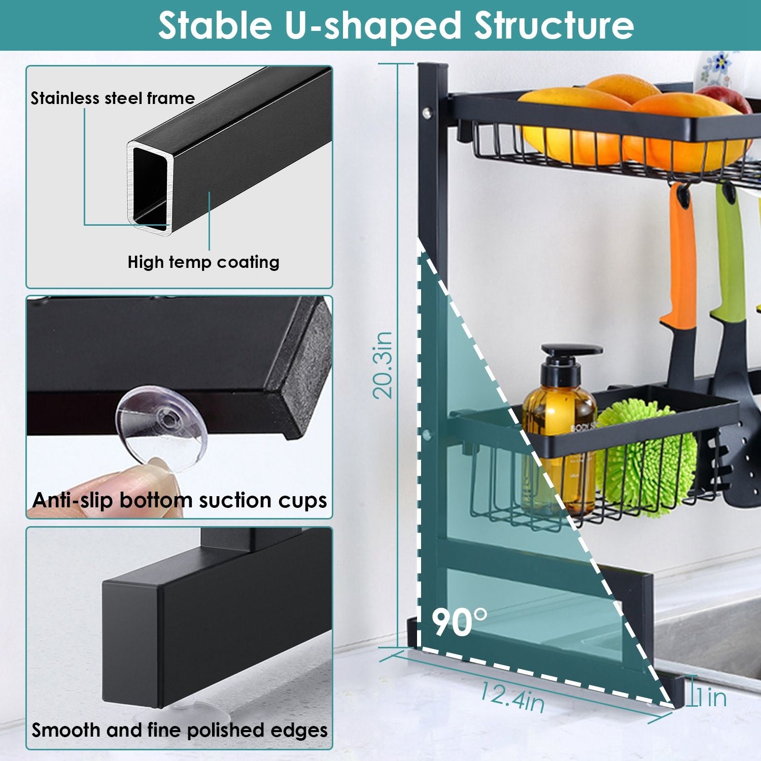 U-shaped kitchen organizer with stainless steel frame, anti-slip suction cups, and polished edges, showcasing dimensions of 20.3 inches height and 12.4 inches width.