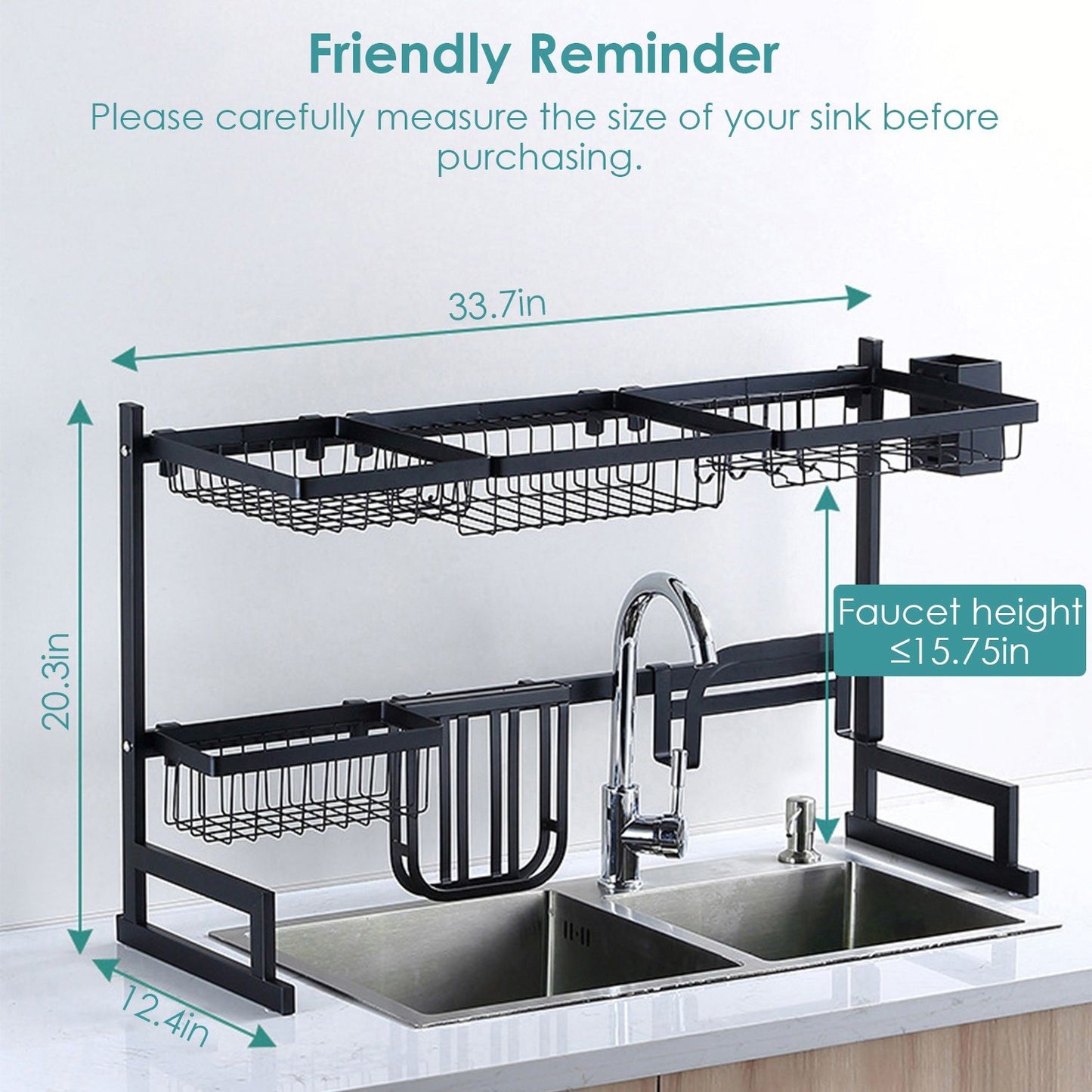 Black kitchen sink rack with adjustable height, featuring two wire baskets and faucet compatibility indication, designed for efficient space-saving organization.