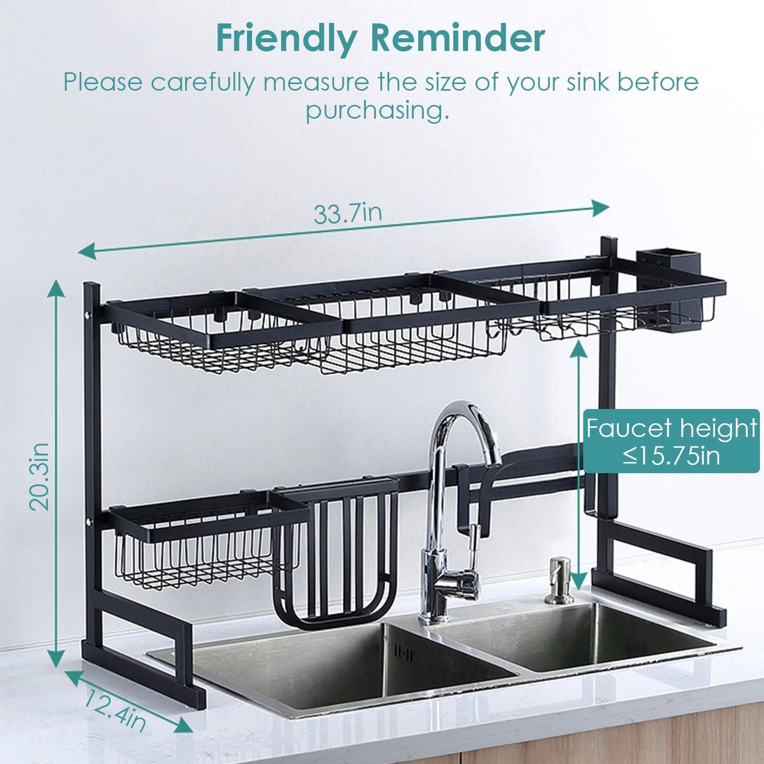 Black kitchen sink rack with adjustable height, featuring two wire baskets and faucet compatibility indication, designed for efficient space-saving organization.