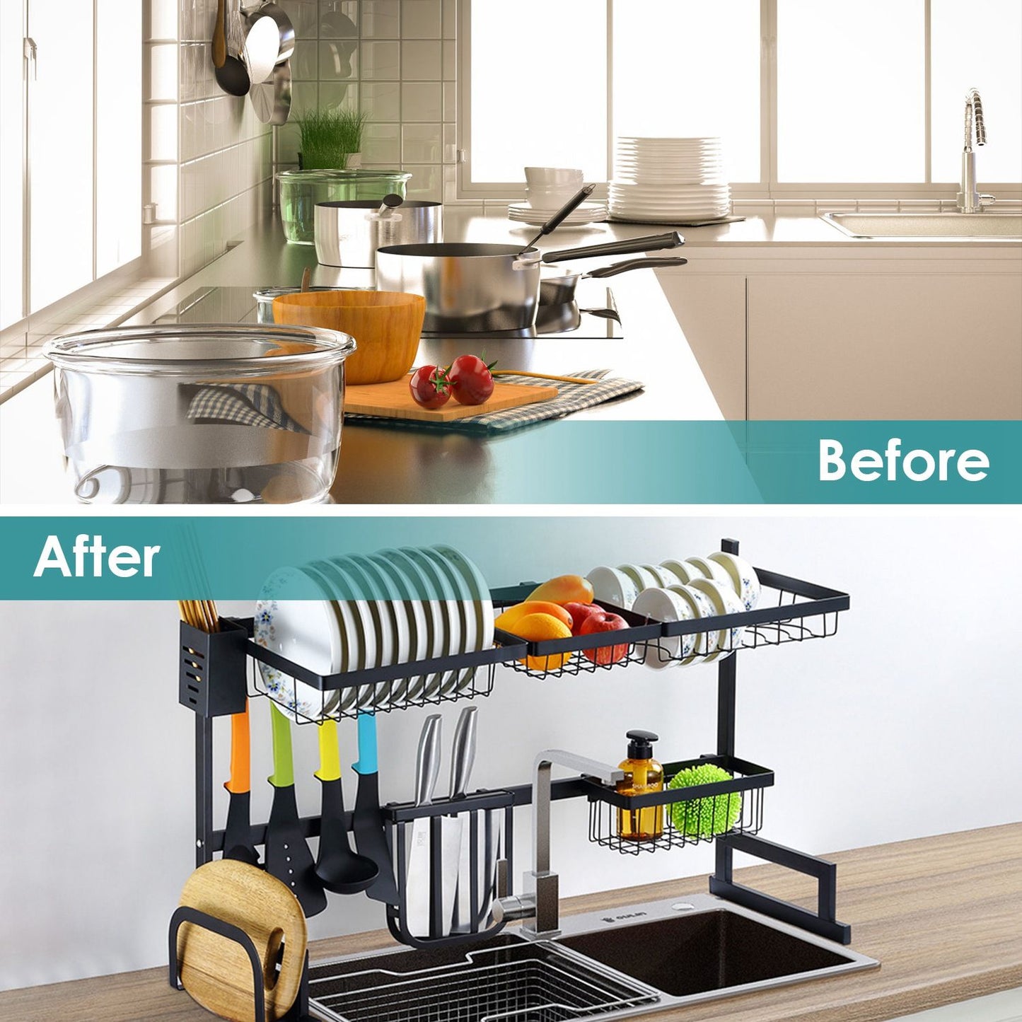 Before and after image showcasing an organized kitchen countertop with an innovative dish drying rack, featuring neatly arranged plates, cooking utensils, and fresh fruits, illustrating improved kitchen efficiency and aesthetics.
