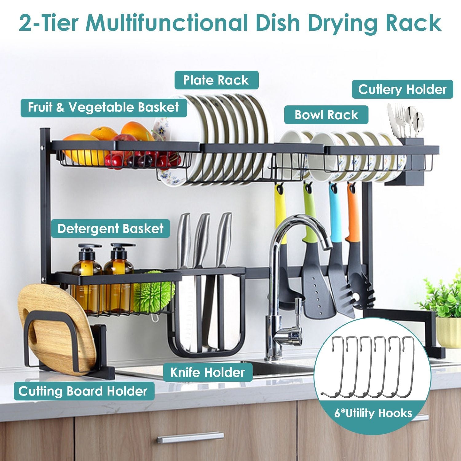2-tier multifunctional dish drying rack featuring various storage options including a fruit and vegetable basket, plate rack, bowl rack, cutlery holder, knife holder, detergent basket, cutting board holder, and utility hooks for efficient kitchen organization.