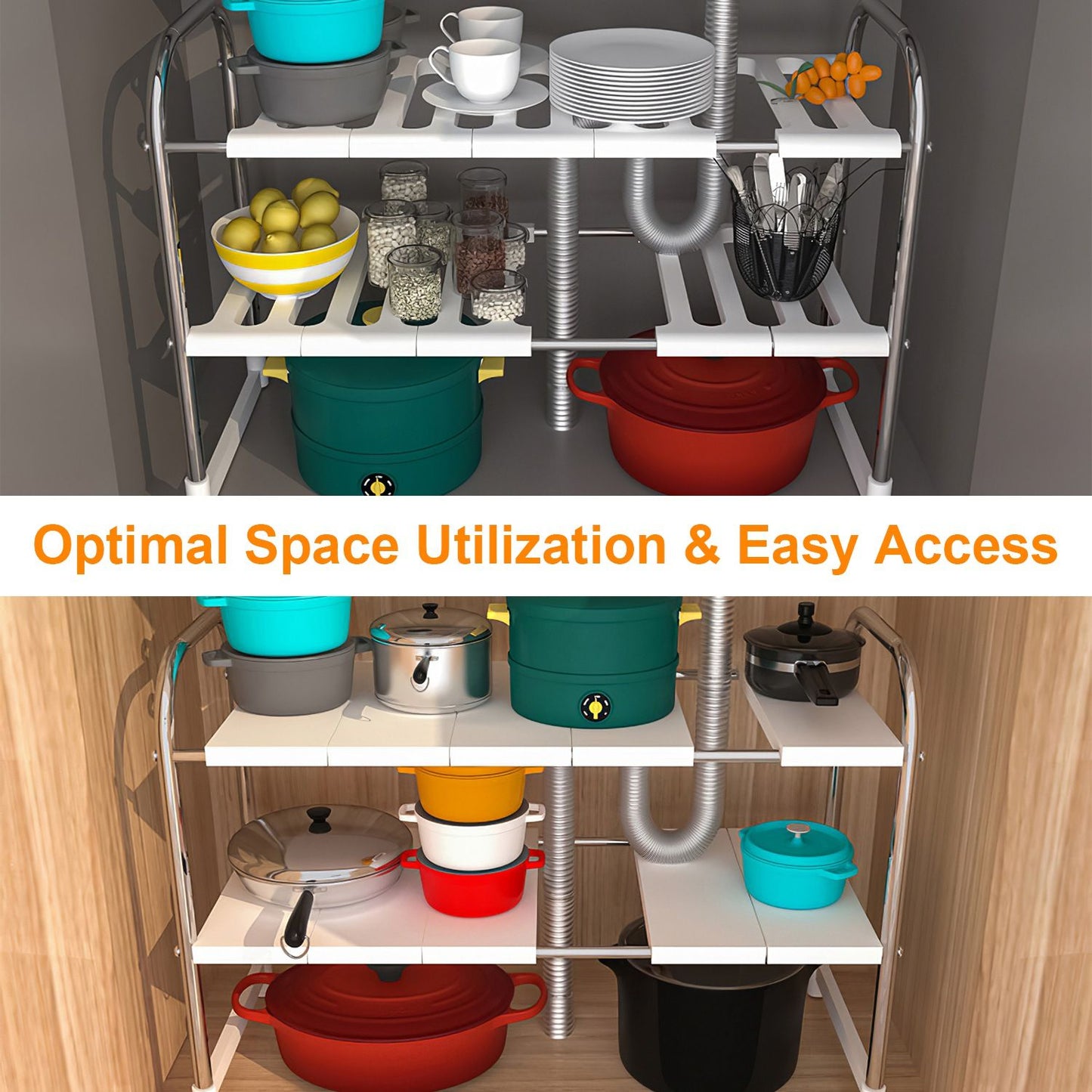 Image of a kitchen storage organizer featuring multiple shelves filled with pots, plates, bowls, and jars, showcasing optimal space utilization and easy access in a stylish cabinet setting.