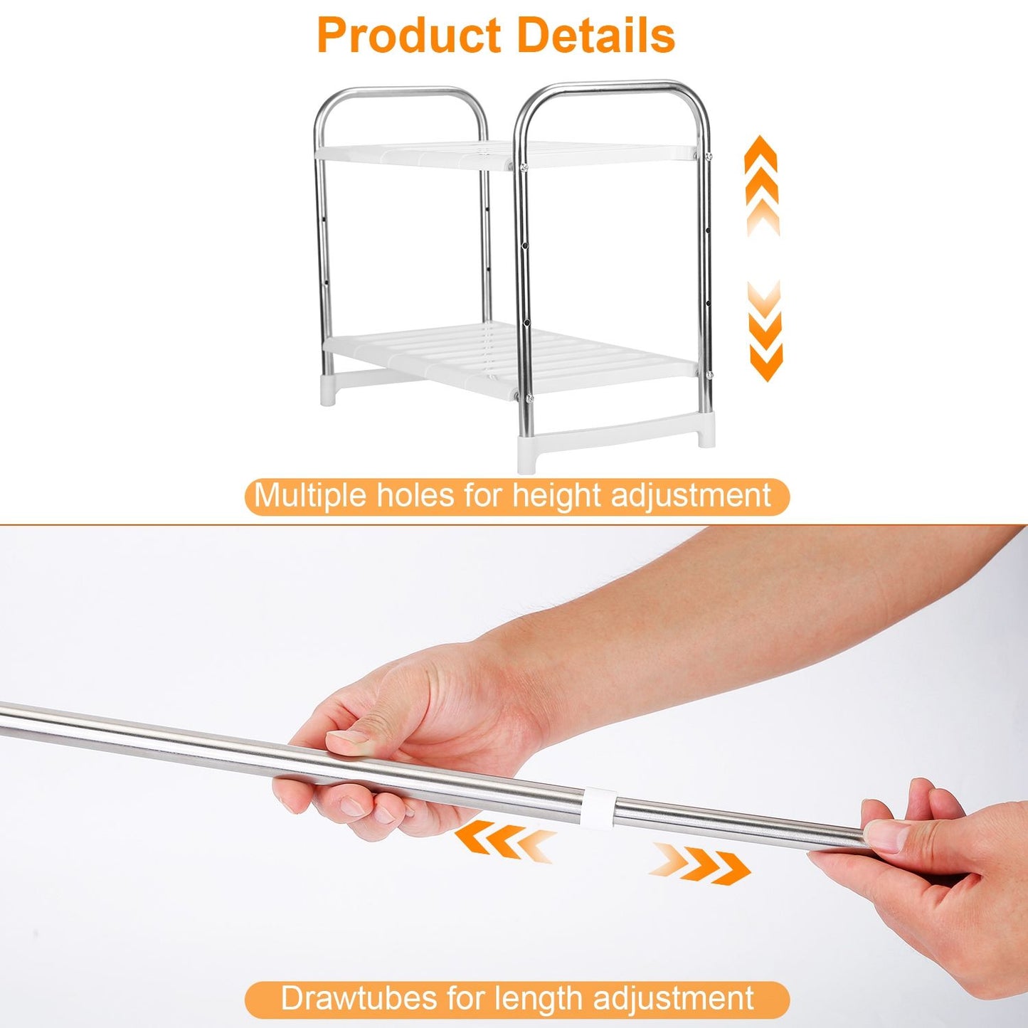 Adjustable white metal storage rack with two shelves and height customization features shown in product details.