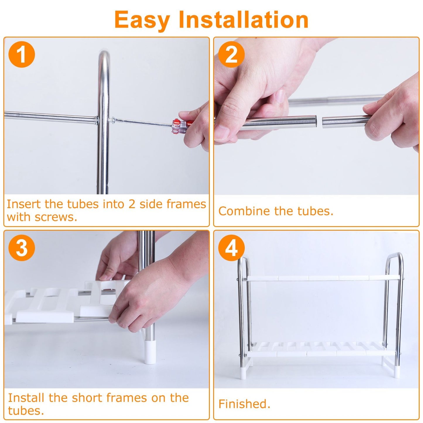 Step-by-step installation guide for a multi-tiered shelving unit, showing hands assembling metal tubes and plastic shelves, with clear text instructions.