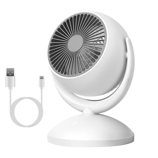 Compact white USB desk fan with circular design and included USB-C charging cable.