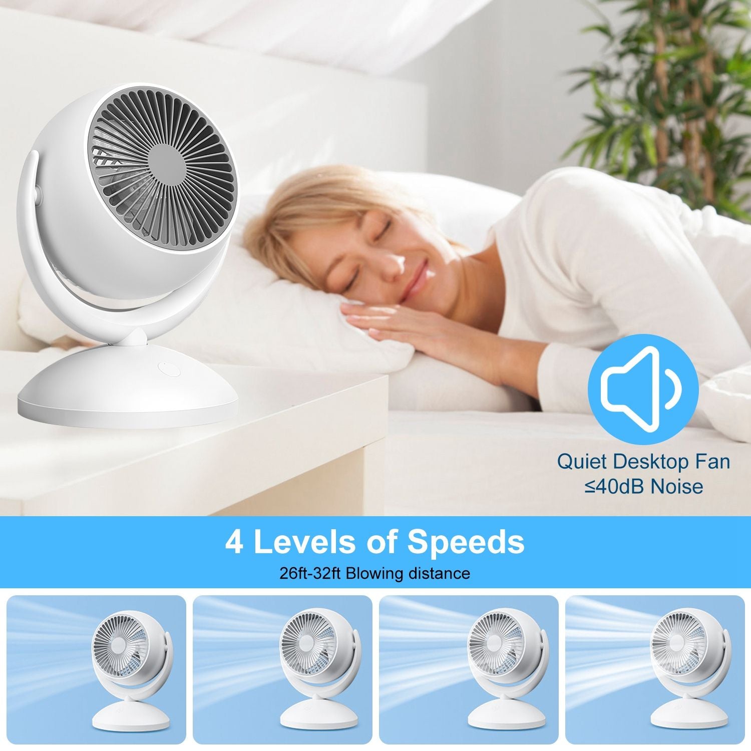 Quiet desktop fan with four speed settings, designed for optimal airflow up to 32 feet, perfect for home or office use.
