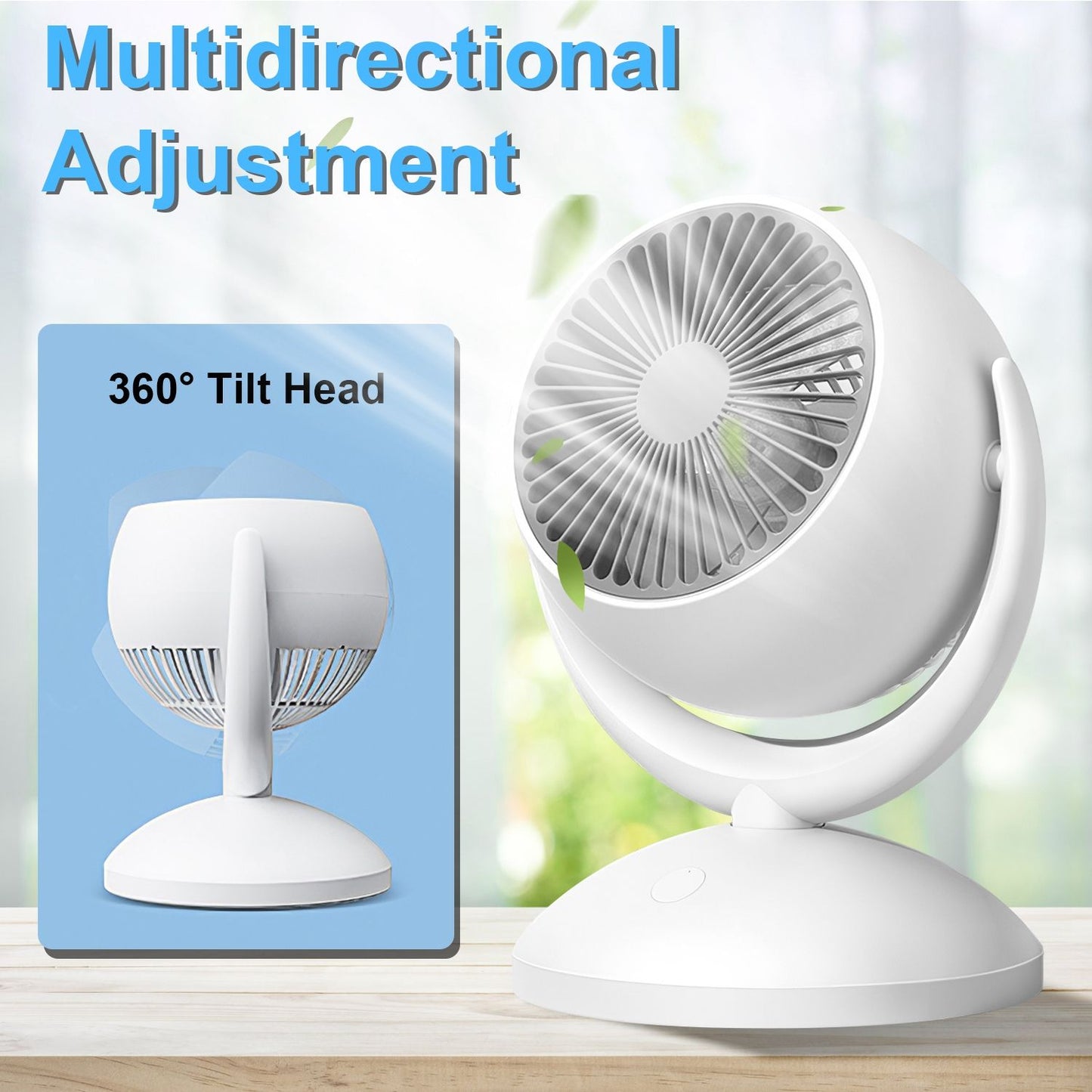 White portable fan with a 360° tilt head and mult directional adjustment, designed for optimal airflow and versatility, suitable for home or office use.