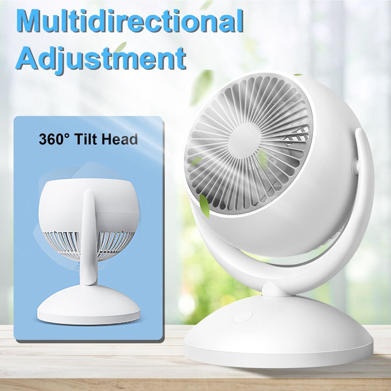 White portable fan with a 360° tilt head and mult directional adjustment, designed for optimal airflow and versatility, suitable for home or office use.