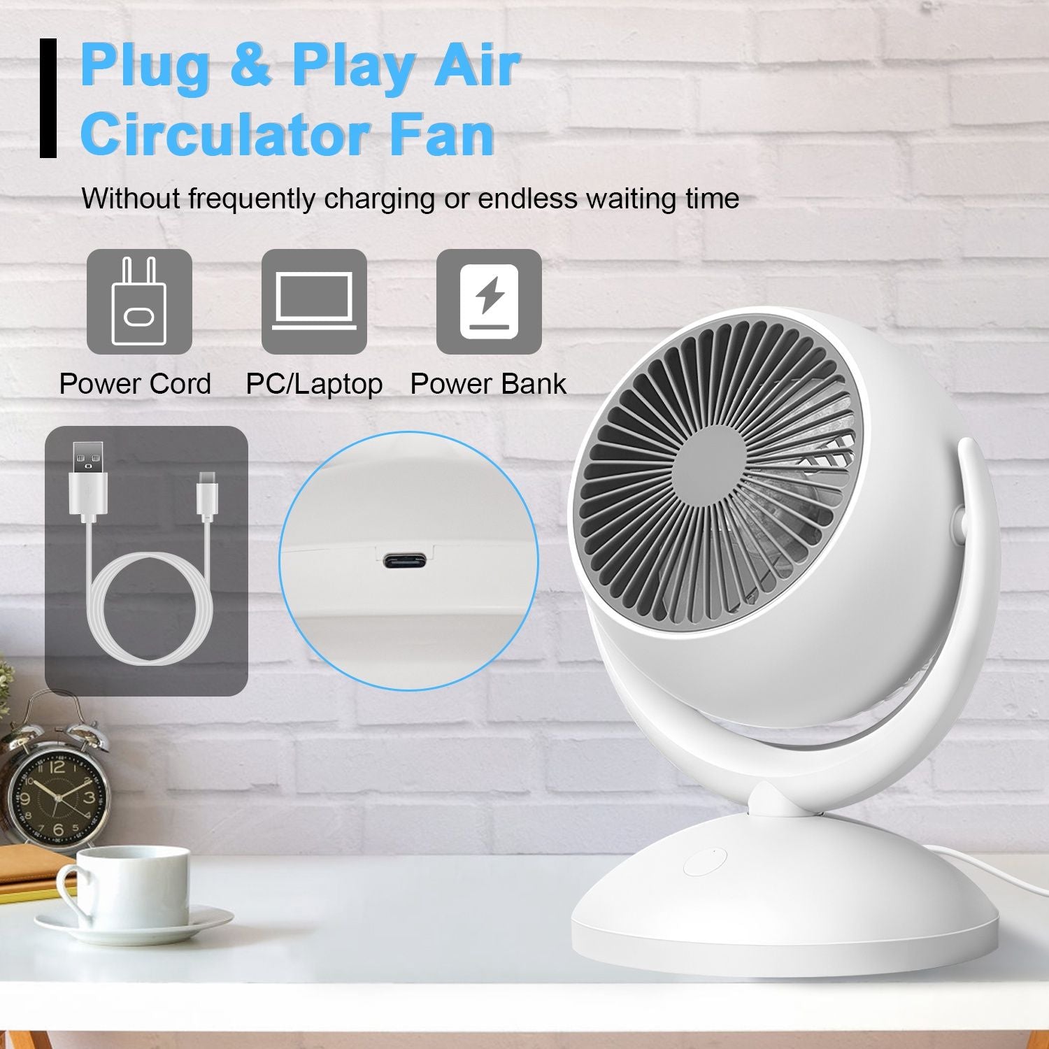 Compact plug-and-play air circulator fan with USB-C charging port, designed for convenient cooling at home or office without frequent recharging, featuring a sleek white design and compatibility with power banks and laptops.
