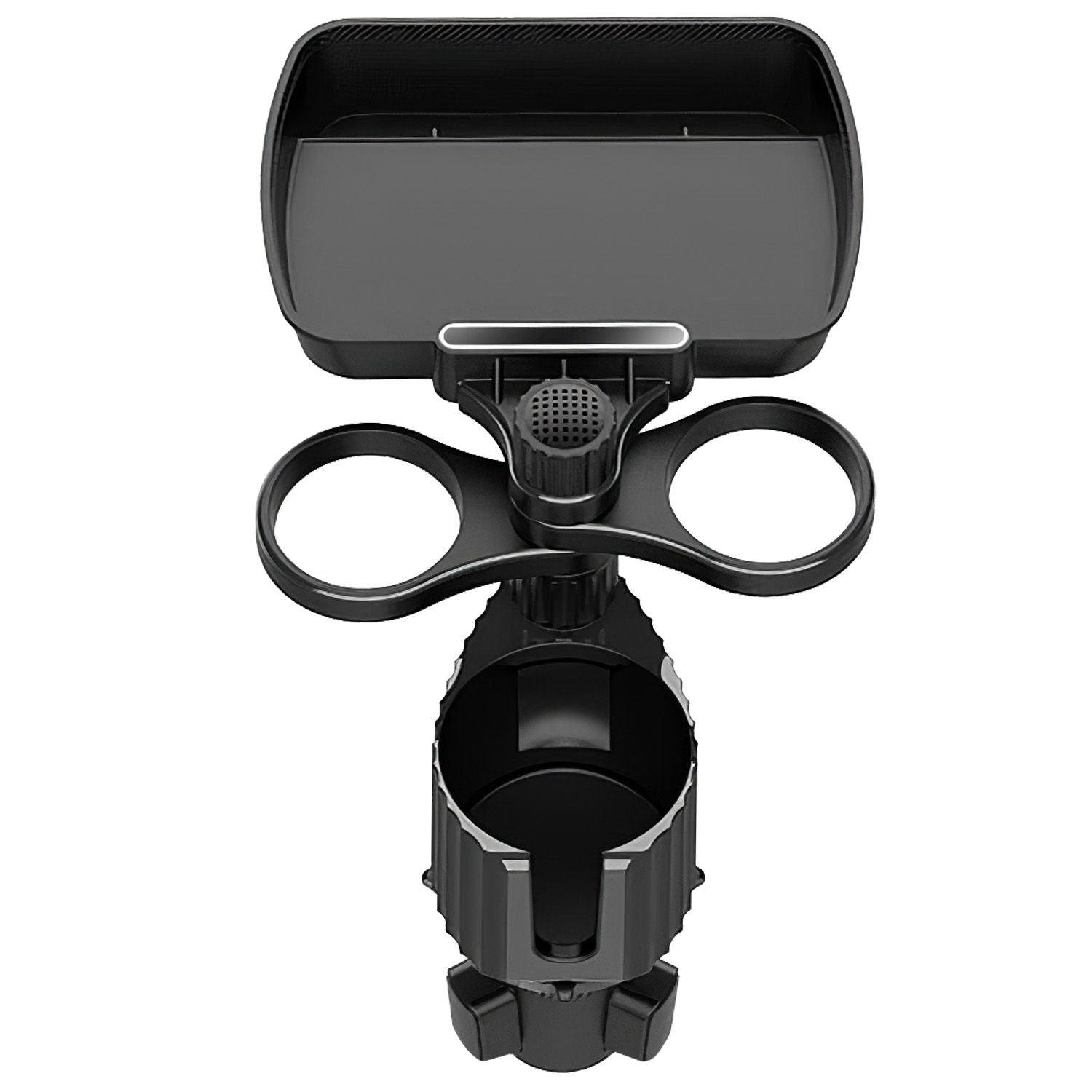 Universal cup holder and organizer for vehicles with adjustable compartments in sleek black design.