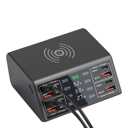 Multi-port USB and wireless charging station with LED display, showcasing various charging outputs and connected cables.