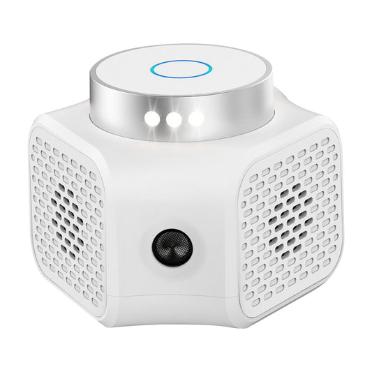 Compact white Bluetooth speaker with touch control and LED lights, featuring a sleek hexagonal design and speaker grills on multiple sides for 360-degree sound.