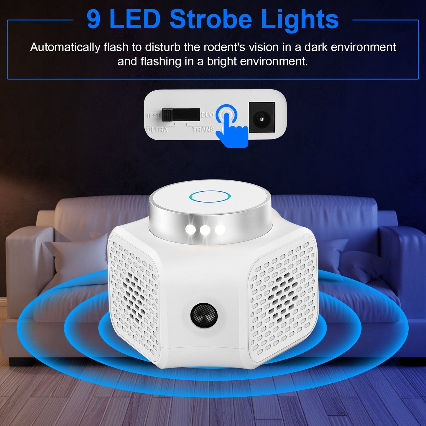 LED strobe light pest repeller device featuring 9 flashing lights to deter rodents in dark and bright environments, with adjustable settings and sleek design.